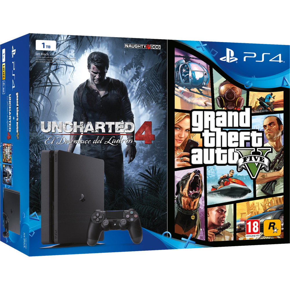 Consola PS4 Slim (PlayStation 4) 1TB + GTA V + Uncharted 4, Negru