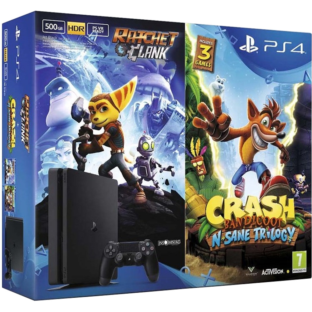 Consola PS4 Slim (PlayStation 4) 500GB + Ratchet & Clank + Crash Bandicoot, Negru