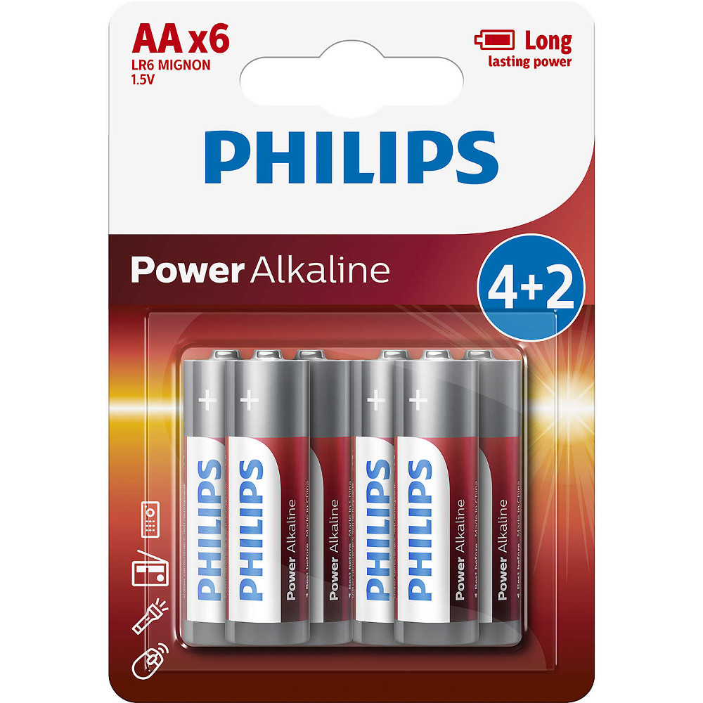  Baterii Philips Power Alkaline LR6P6BP/10, AA, 4 + 2 buc 