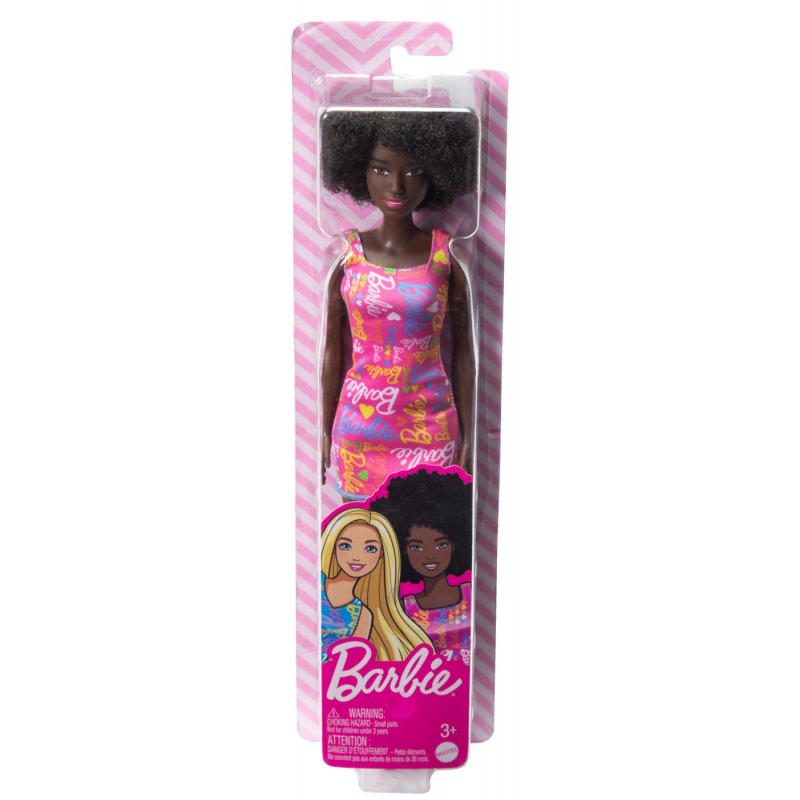 Papusa Barbie, cu par afro si rochita roz