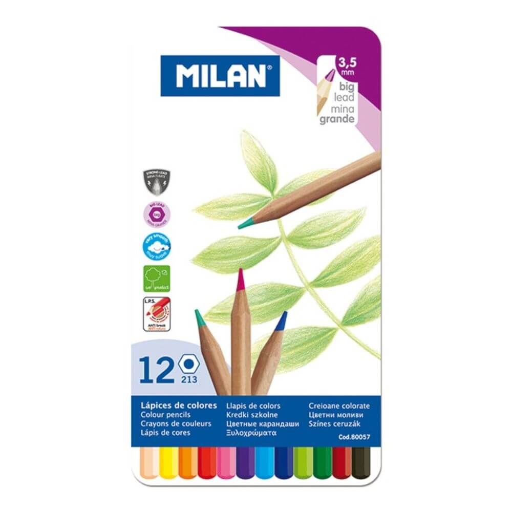 Set 12 Creioane Color MILAN, Corp din Lemn Hexagonal si Cutie Metalica