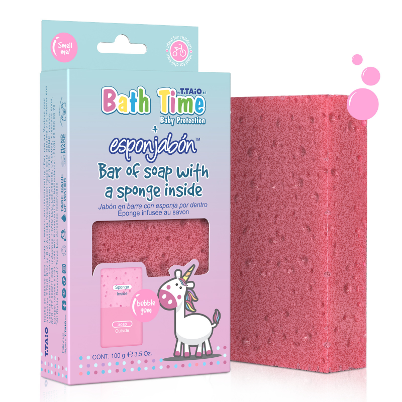 Spuma de sapun pentru copii Esponjabon Bubblegum, burete in interior si sapun in exterior, multifunctional, 120 g