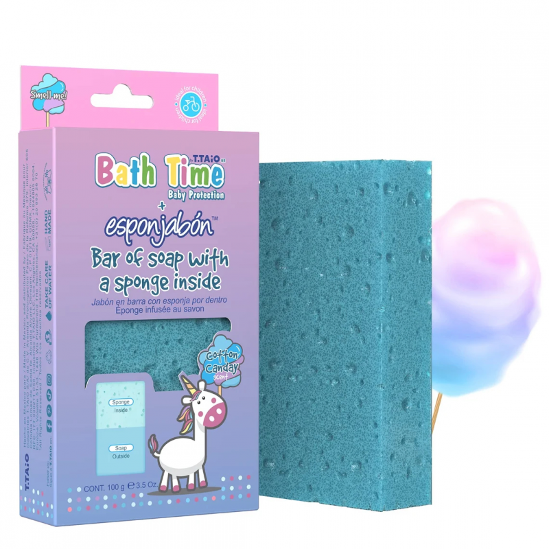 Spuma de sapun pentru copii Esponjabon, cu aroma de vata de zahar, burete in interior si sapun in exterior, multifunctional, 120g