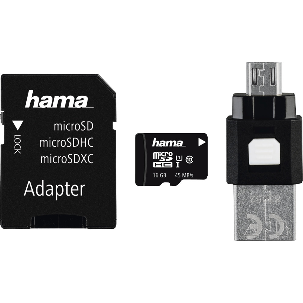 Card de memorie Hama 123938, microSDHC, 16GB, Clasa 10 + Adaptor + microUSB