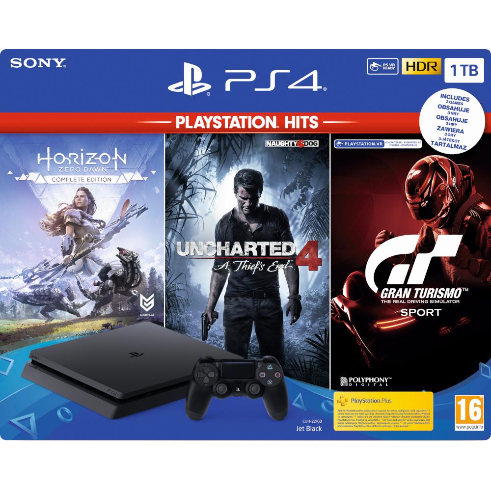  Consola Sony PS4 Slim (PlayStation 4),&nbsp;1TB, Negru + Horizon: Zero Dawn Complete Edition + Uncharted 4: A Thief`s End + Gran Turismo Sport 