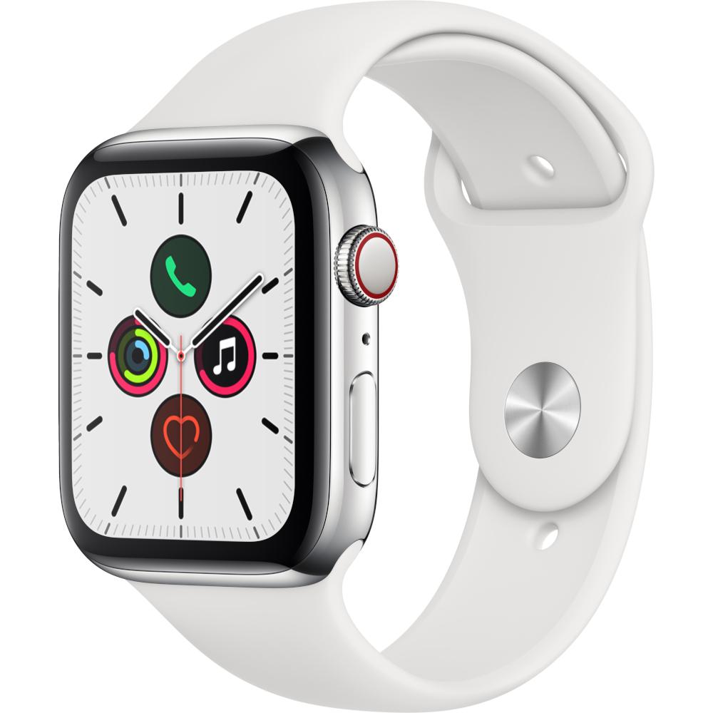  Apple Watch Series 5 GPS + Cellular, 44mm, Silver, Stainless Steel Case, White Sport Band 
