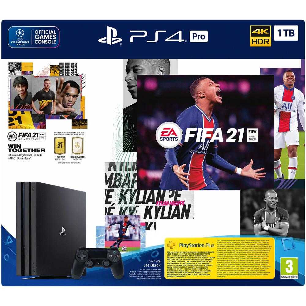 Consola Sony PS4 PRO (PlayStation 4), 1TB, Jet Black + joc FIFA 21+ PSPlus 14 zile + voucher FIFA 21 Ultimate Team 