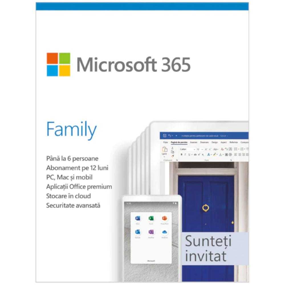 Microsoft 365 Family, Engleza, Subscriptie 1 an, 6 utilizatori, Medialess Retail
