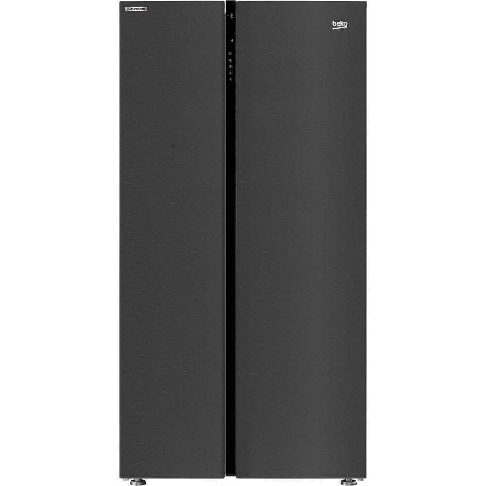 Side by Side Beko GN163122ZXBRN, 580 l, Neo Frost Dual Cooling, ProSmart Inverter, Harvest Fresh, Cooling Fan, Holiday Mode, XXL Bottle, Clasa F, H 179 cm, Argintiu inchis