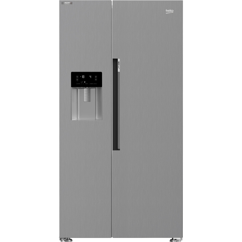 Side by Side Beko GN162341XBN, 571 l, NeoFrost Dual Cooling, Compresor ProSmart Inverter, Display touch control, Harvest Fresh, EverFresh+, Clasa E, H 179 cm, Argintiu