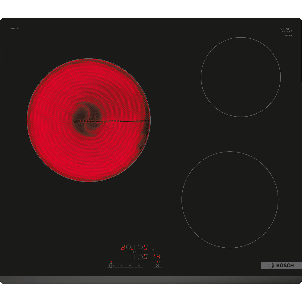  Plita incorporabila Bosch PKM631BB2E, Vitroceramica, 3 zone de gatit, TouchControl, QuickStop, Functie restart, Child Lock, Negru 