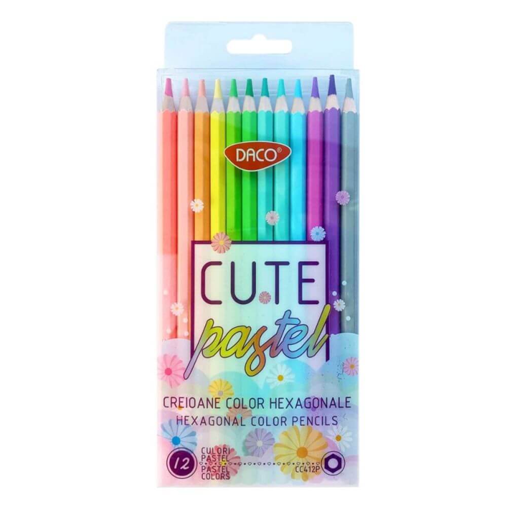 Set 12 Creioane Color DACO Pastel, Corp din Lemn Hexagonal