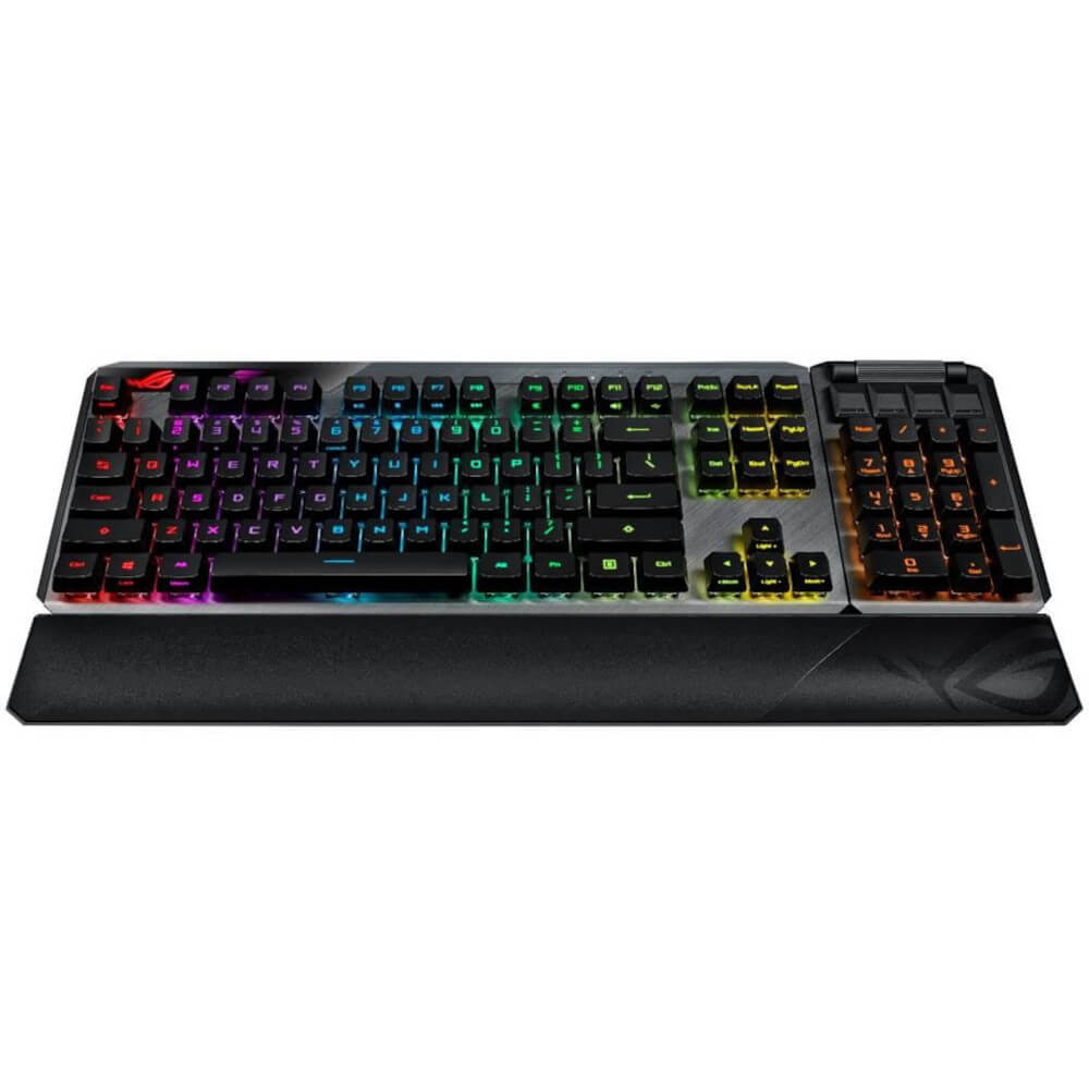  Tastatura gaming wireless ASUS ROG Claymore II, RGB, Numpad si suport ergonomic detasabile, Conectivitate dual-mod, Taste media, Iluminare Aura Sync, Negru/Gri 