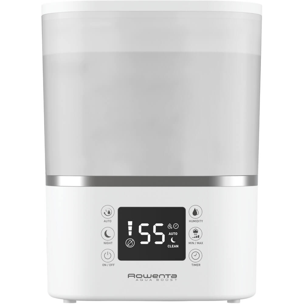 Umidificator Rowenta Aqua Boost HU4020F0, 115 W, 2.5 L, Acoperire 50 m2, 6 trepte de viteza, Timp de functionare 15 ore, Tehnologie Ultra-sonica, Alb