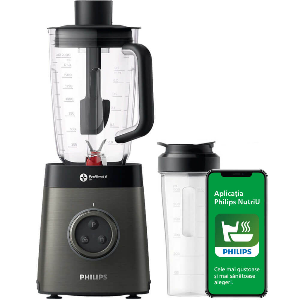 Blender Philips Avance Collection Hr3664/90, 1400 W, 2.2 L, Pana La 35.000 Rpm, Viteza Variabila, Recipient 2go, Progam Smoohie, Tehnologie Problend 6, Gri