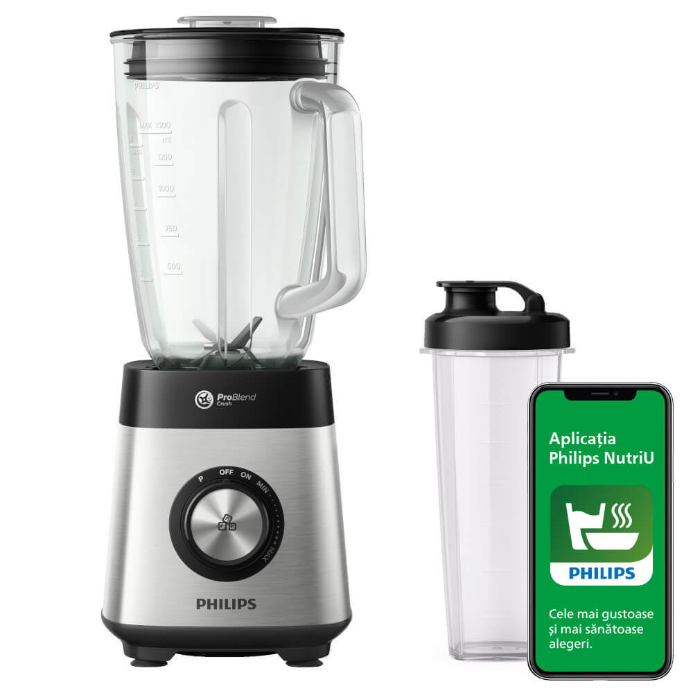 Blender Philips Whale, 1000 W, Carcasa din metal, Viteza variabila si impuls, Vas sticla 2 L, Accesoriu sticla on-the-go, Negru/Argintiu