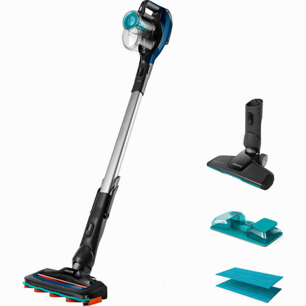  Aspirator vertical 3 in 1 cu functie de mop Philips SpeedPro Aqua FC6718/01, 13.14 kWh/an, 18 V, Autonomie 40 min, Perie integrata, Accesoriu spatii inguste, Albastru 