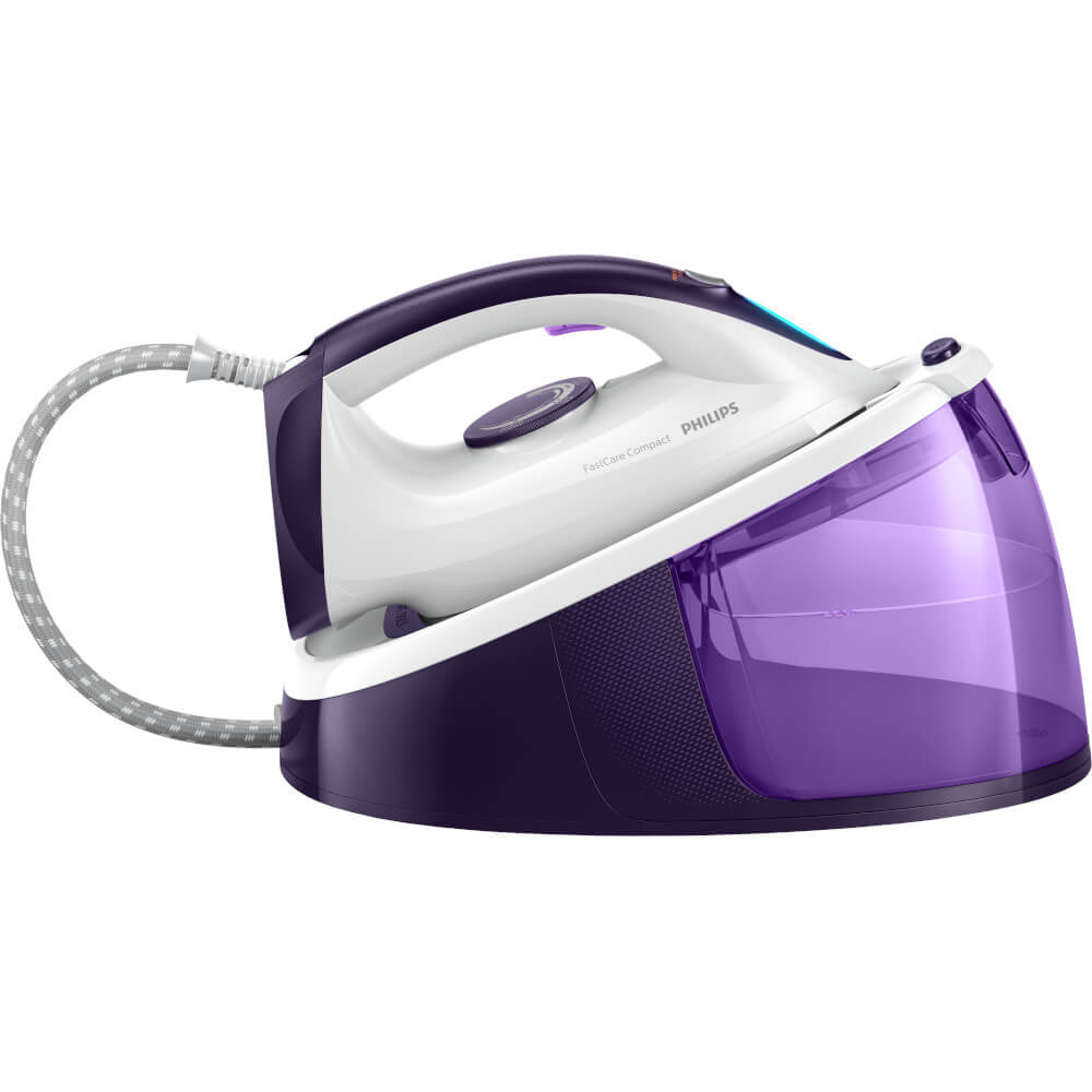 Statie de calcat Philips FastCare Compact GC6740/30, 2400 W, 1.5 L, 5.2 bar, Abur 120 g/min, Tehnologie Smart Calc Clean, Generator de abur ProVelocity, Alb/Violet