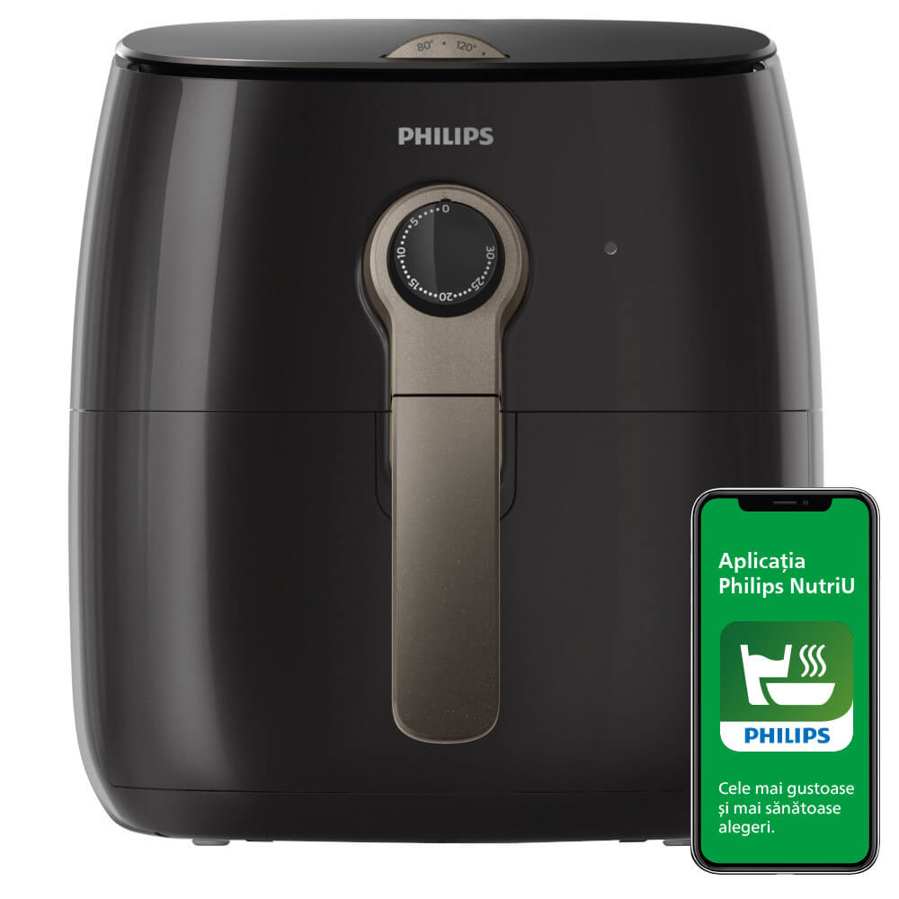  Friteuza fara ulei Philips HD9721/10 Airfryer Premium Collection, 0.8 kg, Tehnologie Twin TurboStar, Afisaj analog, Negru 