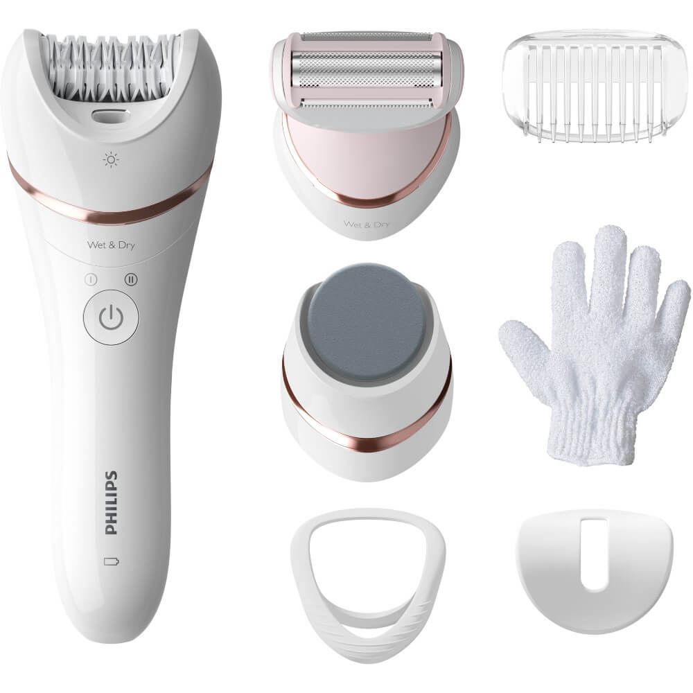 Epilator umed si uscat Philips Seria 8000 BRE730/10, 7 accesorii, 32 pensete, Utilizare fara fir, 2 setari viteza, Opti-light, Discuri ceramice, Argintiu