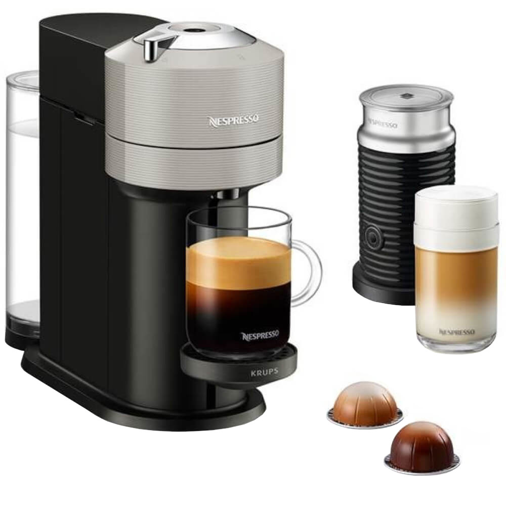  Espressor cu capsule Nespresso Krups XN911B10 Vertuo Next + Aeroccino, 1500 W, 1.1 L, Control prin Bluetooth si Wi-FI, Tehnologie Centrifusion, Gri/Negru 