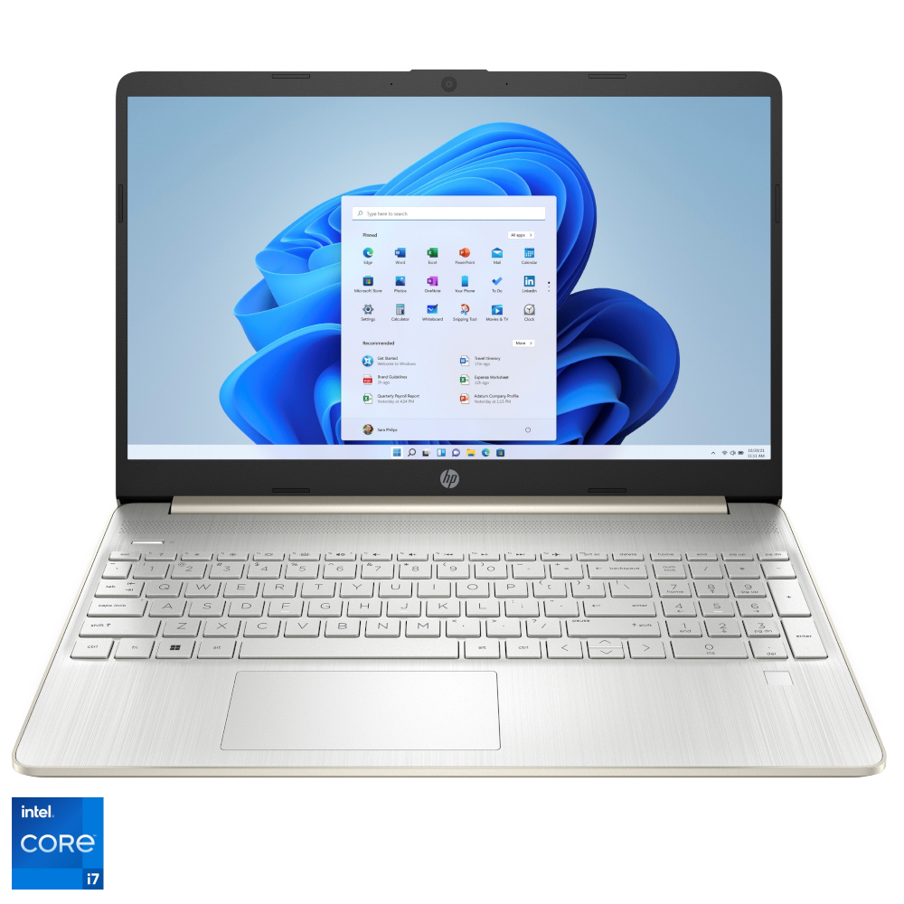Laptop HP 15s-fq5003nq, 15.6?, Full HD, Intel Core i7-1255U, 8GB RAM, 512GB SSD, Intel Iris Xe, Windows 11 Home, Auriu/Argintiu