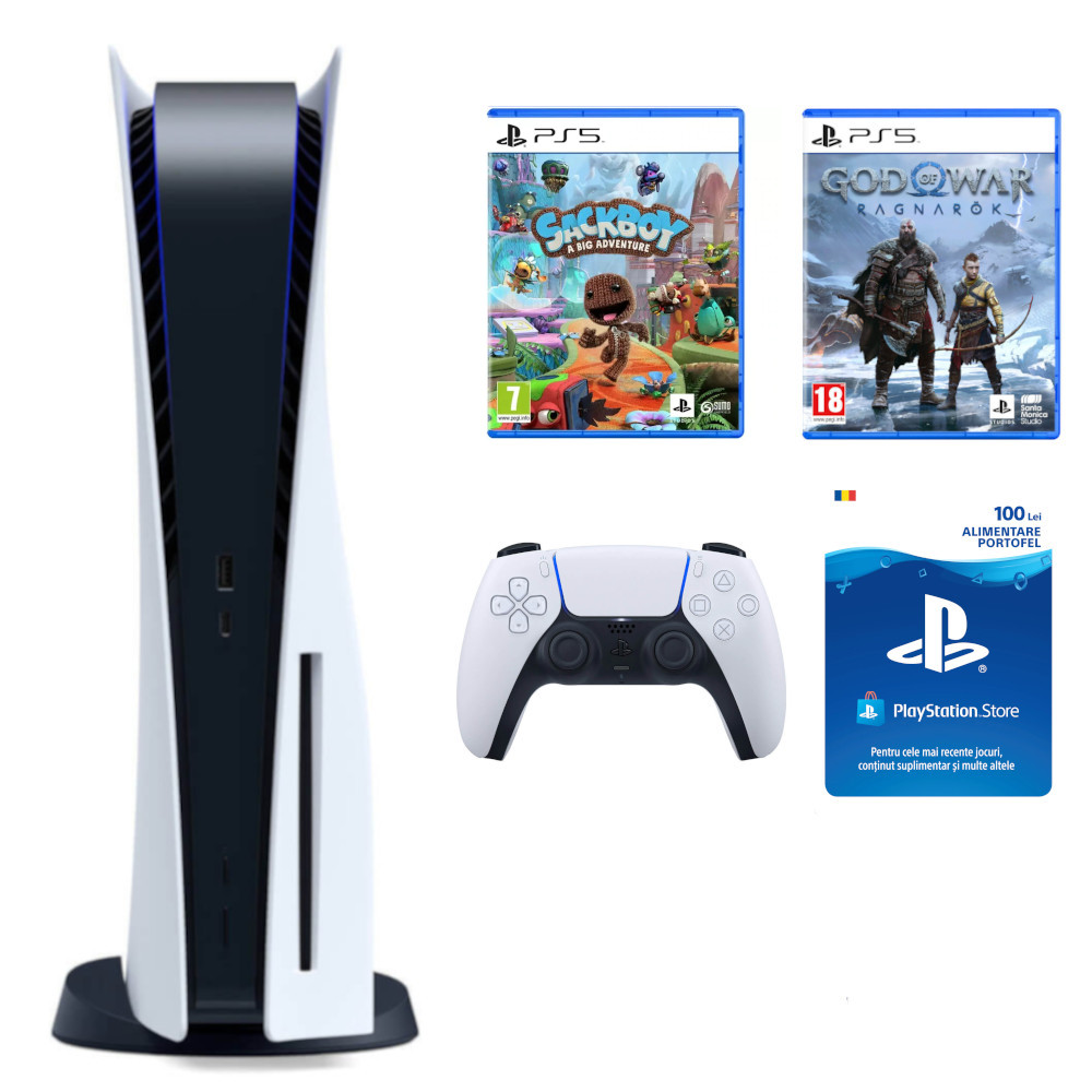Consola PS5 SONY C Chassis 825GB, God of War Ragnarok, Sackboy A Big Adventure, Card Sony PlayStation Store 100 Ron