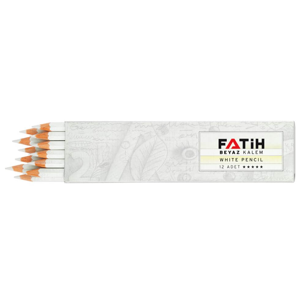 Set 12 Creioane Albe pentru Textile FATIH, Corp din Lemn si Mina Alba