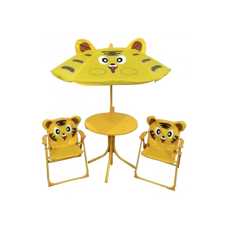 Set mobilier pentru gradina pliabil pentru copii MCT Garden, compus din 1 masa cu umbrela, 2 scaune, Galben