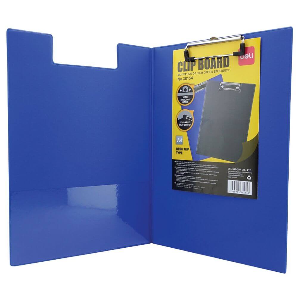 Clipboard Dublu A4 Deli, Albastru, Buzunar Interior, Carton Acoperit cu Plastic