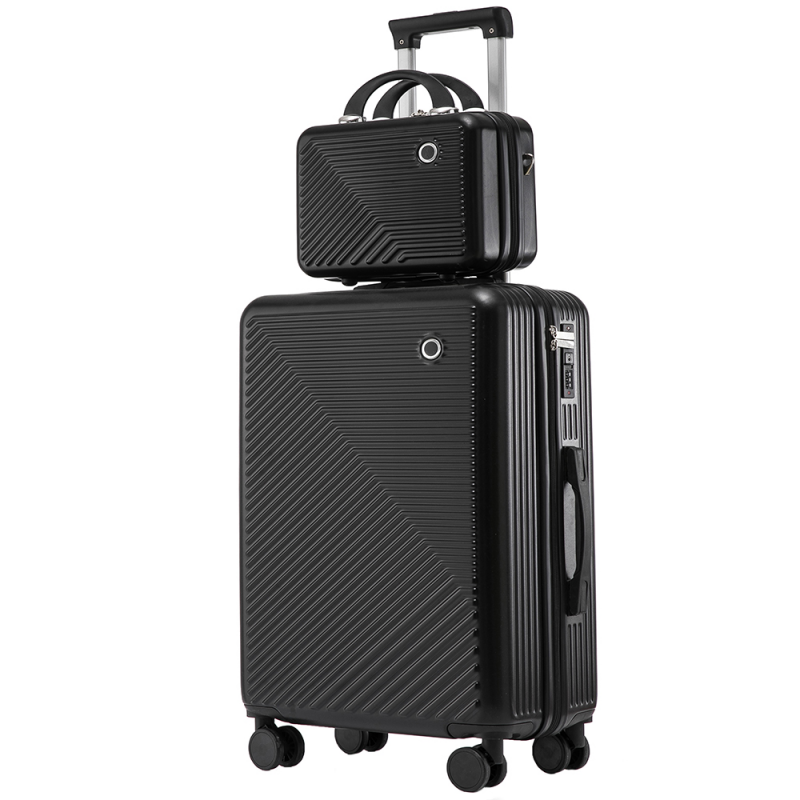 Set troler cabina cu geanta cosmetice, Quasar & Co.®, cifru TSA, 4 roti 360 grade, maner telescopic, 55 x 39 x 23 cm / 22 x 29 x 15 cm, ABS, negru