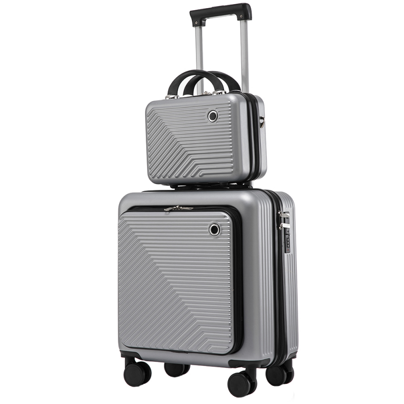Set troler cu geanta cosmetice, Quasar & Co.®, compartiment laptop, cifru TSA, 4 roti 360 grade, ABS, gri deschis