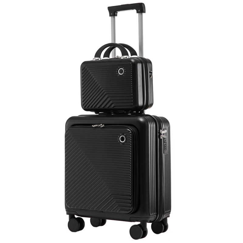 Set troler cu geanta cosmetice, Quasar & Co.®, compartiment laptop, cifru TSA, 4 roti 360 grade, ABS, negru