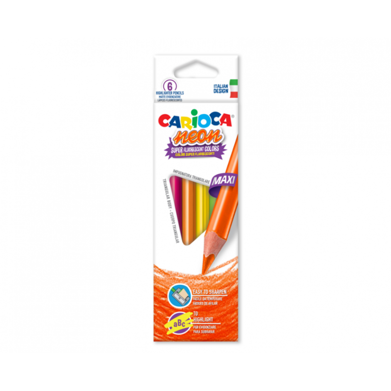  Creioane Colorate Carioca Maxi Neon, Triunghiulare, Super Fluorescente, 6 Culori/cutie 