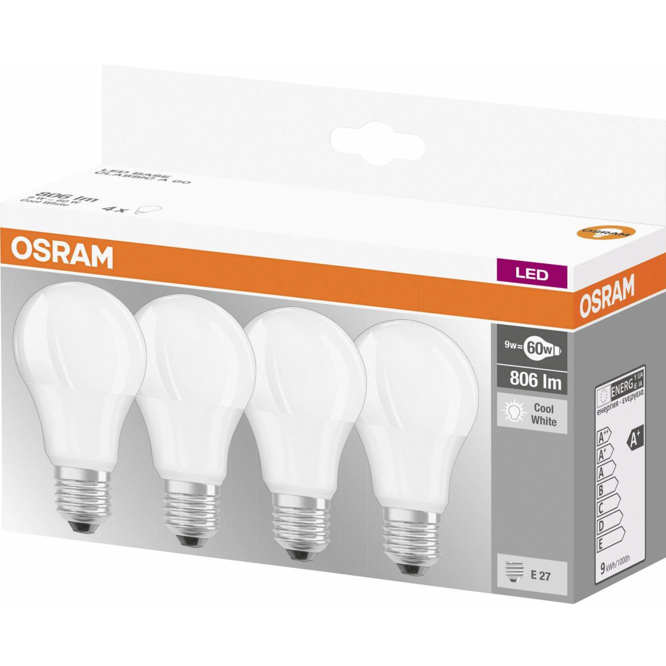  Set 4 becuri LED Osram A60, Soclu E27, 9W, Lumina neutra 