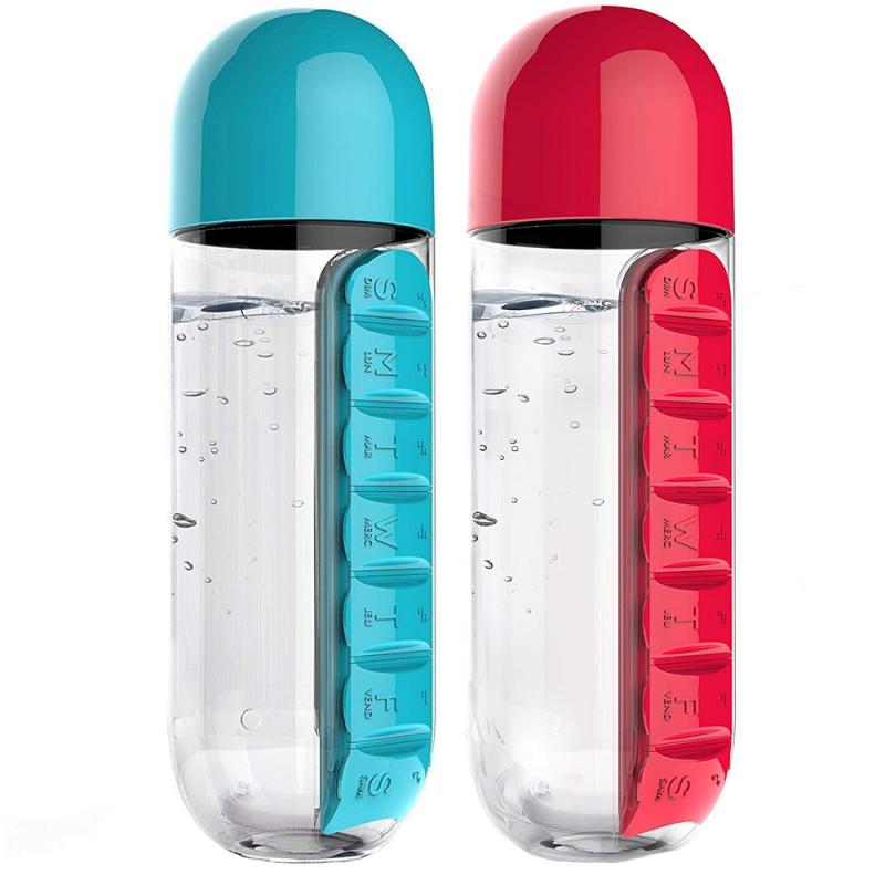 Set 2 sticle cu organizator pentru medicamente, Quasar & Co, fara BPA, portabile, cu dozatoare saptamanale, tritan, 600 ml, rosu-turcoaz