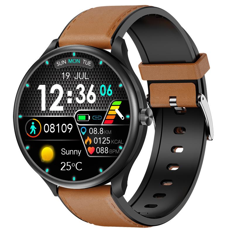 Smartwatch iSEN Watch M3 Negru cu bratara maro deschis de piele, 1.3" Touchscreen, Bt Call, IP68, 240mAh, HR, Tensiune, Notificari, Muzica