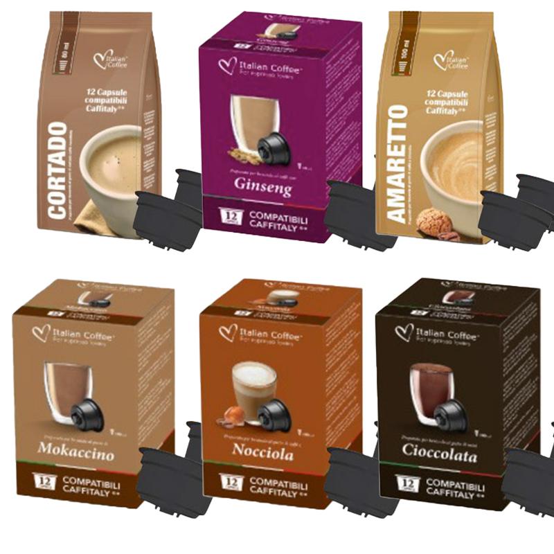 Kit degustare cafea cu arome, 72 capsule compatibile Caffitaly, Tchibo Cafissimo, Beanz, Italian Coffee