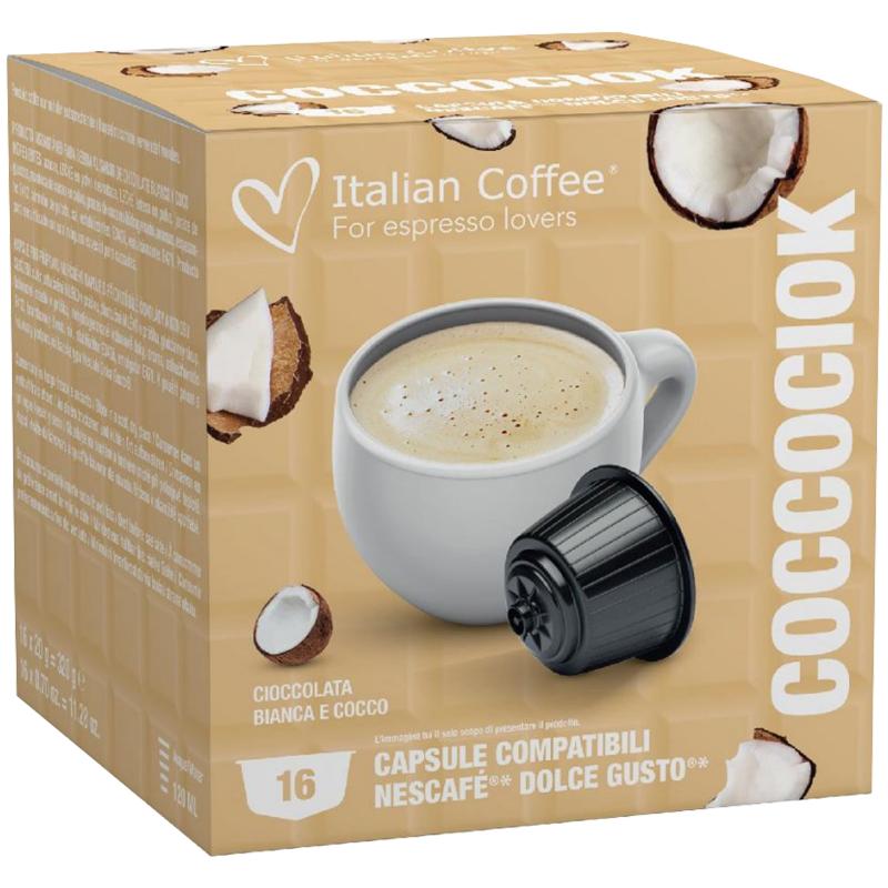 Coccociok, Ciocolata calda alba cu cocos, 16 capsule compatibile Nescafe Dolce Gusto, Italian Coffee