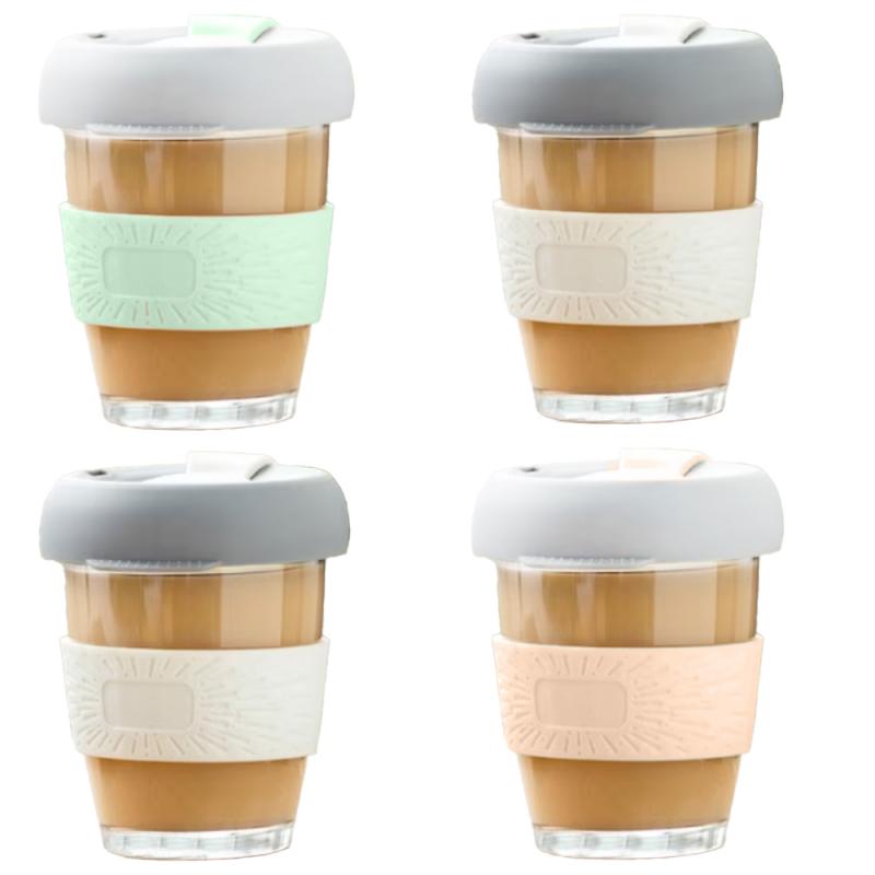 Set 4 pahare cafea/ceai, Quasar & Co.®, model To Go, cu protectie termica si capac din silicon, sticla, 4x320 ml, multicolor