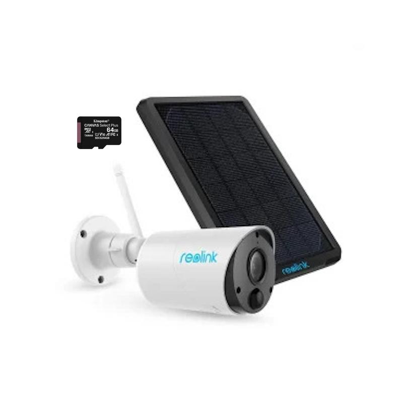 Pachet camera de supraveghere cu Panou Solar si Card MicroSD 64 GB, Reolink Argus ECO-V2 WIFI, rezolutie 3MP HD,