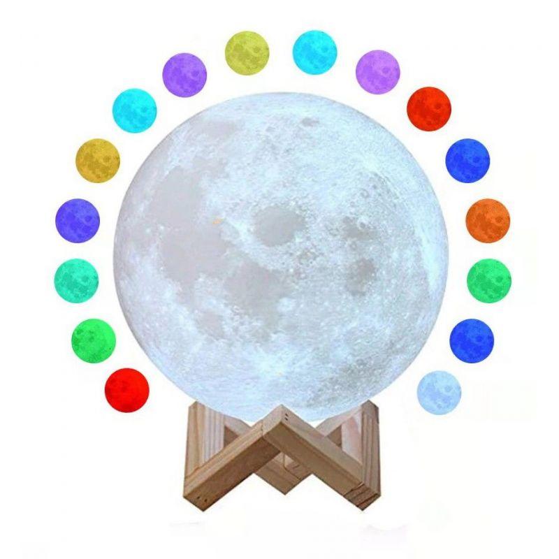 Lampa de veghe luna 3D Moon Light eMazing cu diametru de 20 cm, lumina multicolora LED in 7 culori si schimbare culoare prin atingere, alimentare baterii, suport din plastic inclus