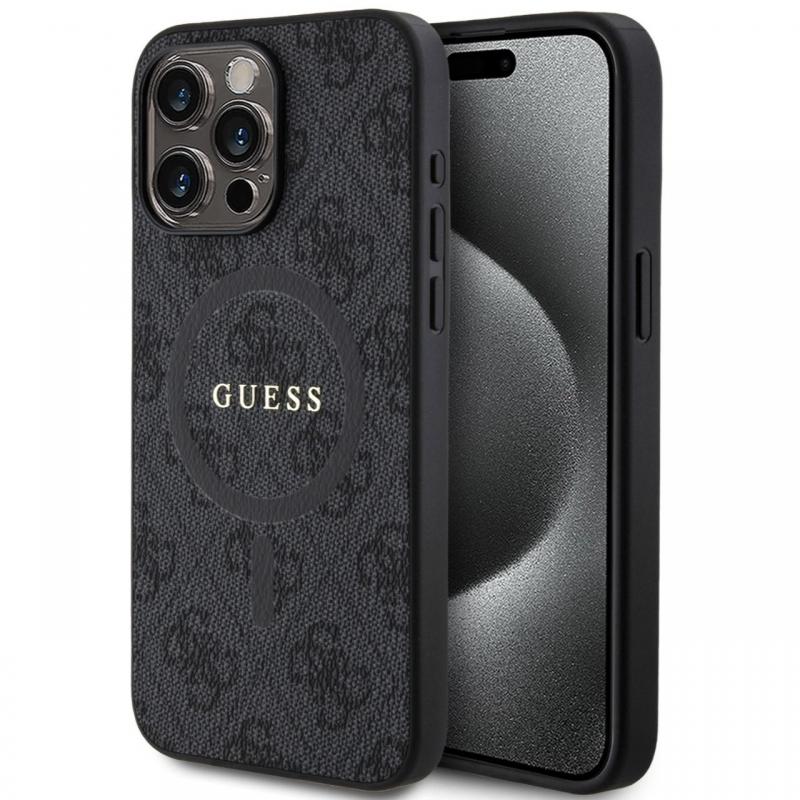 Guess Husa PU Leather 4G Colored Ring MagSafe iPhone 15 Pro Max Negru