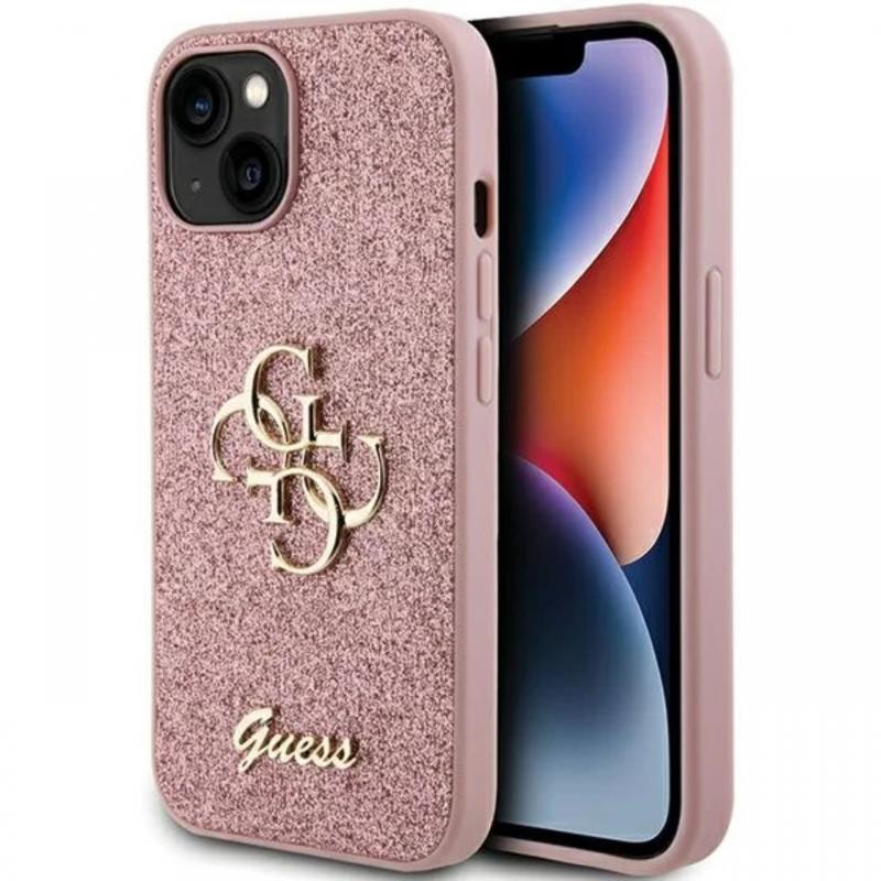 Guess Husa Fixed Glitter 4G Metal Logo iPhone 15 Roz