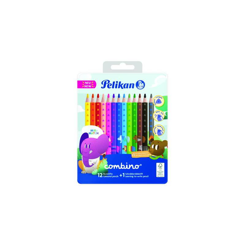 Creioane Color Combino, Set 12 Culori + 1 Creion Grafit Invata Sa Scrii, Cutie De Metal