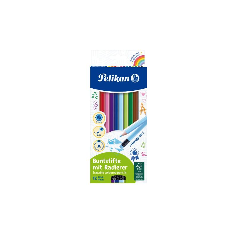 Creioane Color Lacuite Cu Radiera, Set 12 Culori, Sectiune Hexagonala