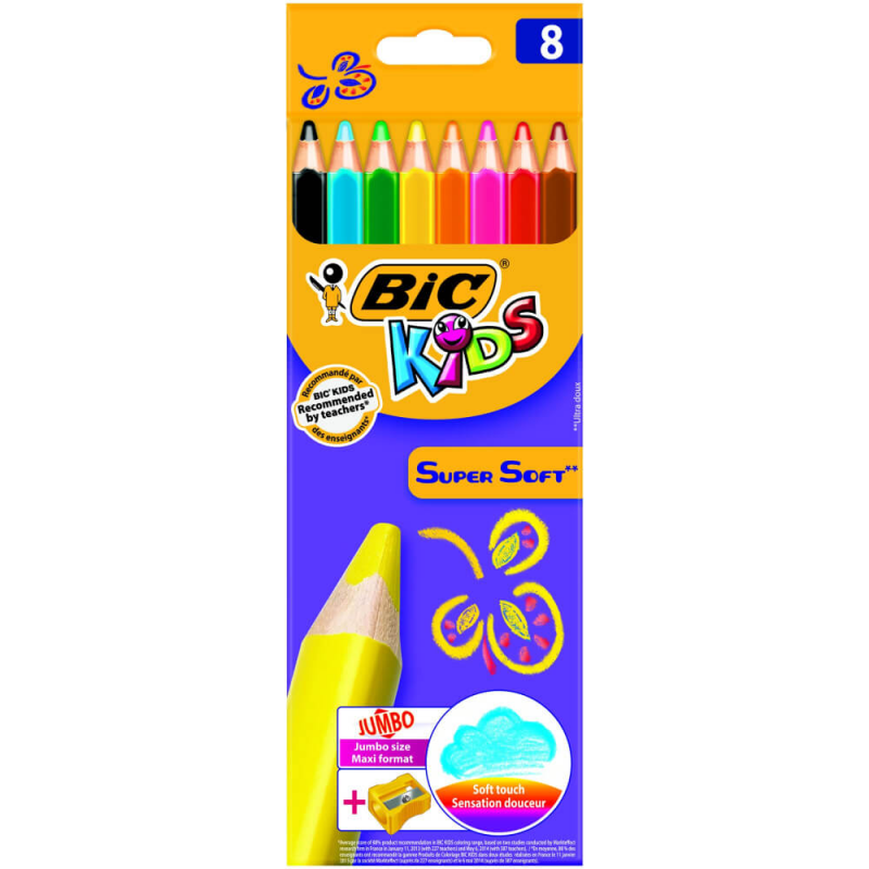  Creioane Colorate Bic Super Soft Cu Ascutitoare, 8 Buc/set 
