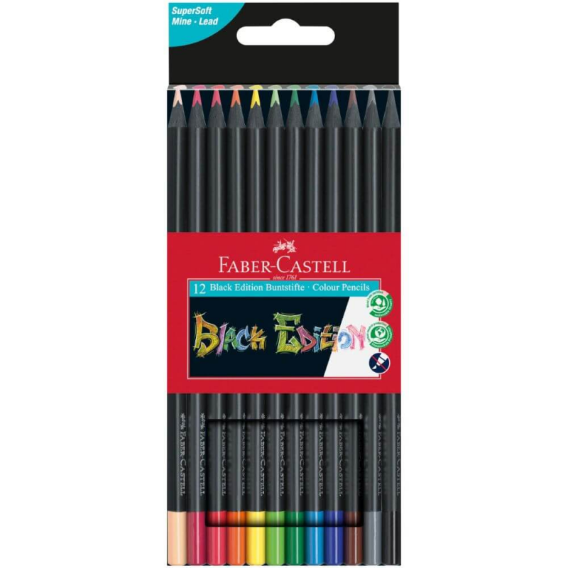 Set 12 creioane colorate faber-castell black edition, triunghiulare, lemn negru, creioane faber castell black edition, creioane colorate black edition, creioane colorate corp negru, creioane colorate triunghiulare, creioane colorate rezistente