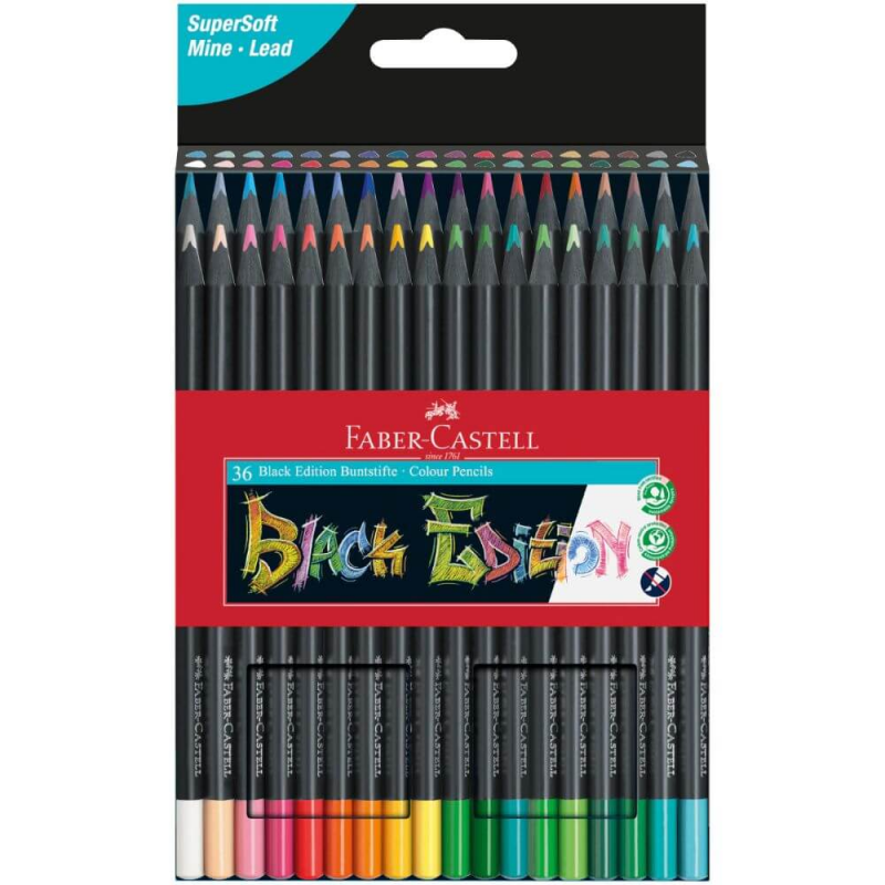 Set 36 Creioane Colorate Faber-Castell Black Edition, Triunghiulare, Lemn Negru