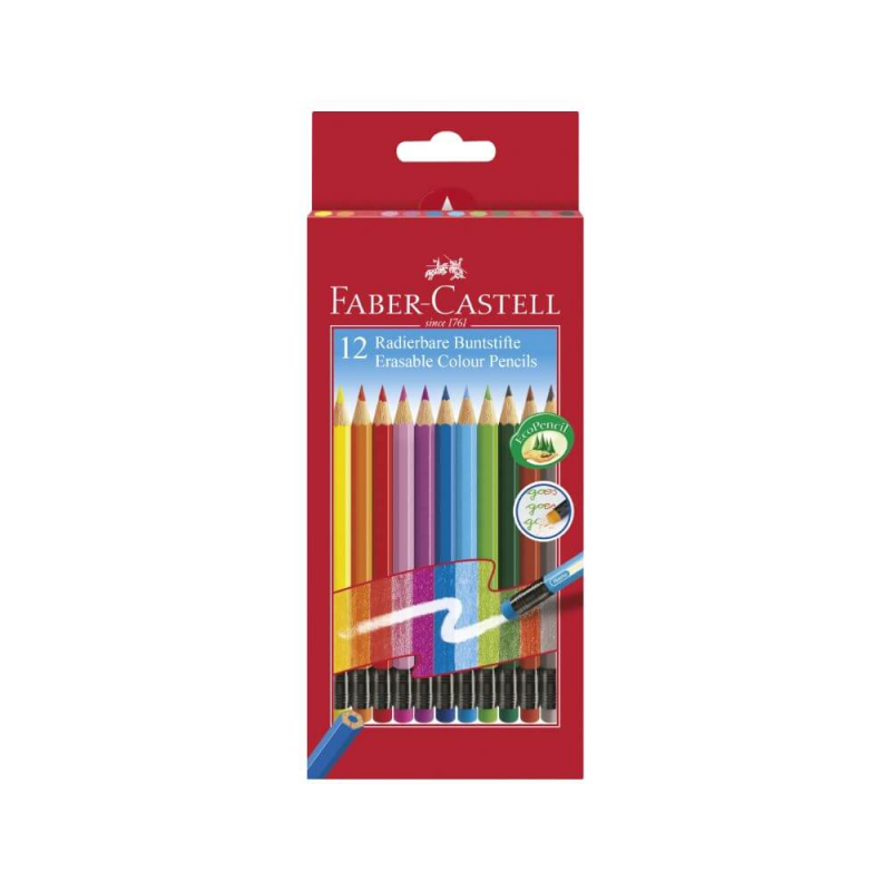 Set 12 Creioane Colorate cu Radiera Faber Castell Eco, Hexagonale